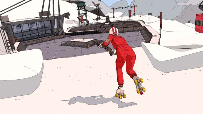 A extremely stylised screenshot of Rollerdrome exhibiting the participant personality rollerskating correct into a titanic out of doors enviornment located between snow-covered mountains.