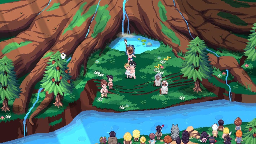 Prehistoric pixel people gather under a large tree to celebrate a wedding in a screenshot for Roots Of Pacha