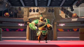 Rumbleverse screenshot of a warrior in green and gold armour looking into the camera.