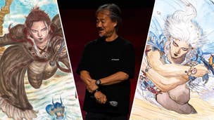 A triple-split image, featuring artwork of Final Fantasy 14: Dawntrail and Final Fantasy 3 (each featuring a character wielding two swords, intentionally referential). In the middle is 'the father of Final Fantasy', Hironobu Sakaguchi.