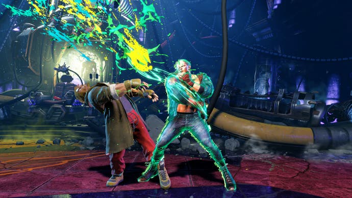 Captura de pantalla de Ed de Street Fighter 6 golpeando al oponente en mitad de la batalla con chispas verdes eléctricas