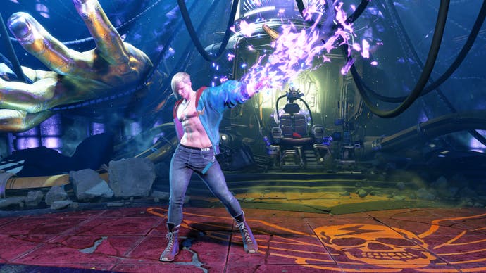 Ed screenshot from Street Fighter 6 posing mid battle with sparks out of fist
