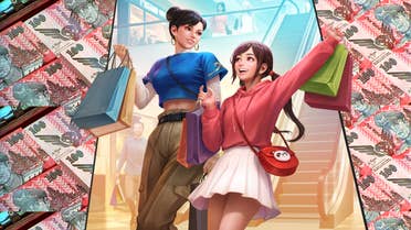 Chun-Li and one of her students on a shopping spree in World Tour in Street Fighter 6. In the background, tiles of Bison Bucks.