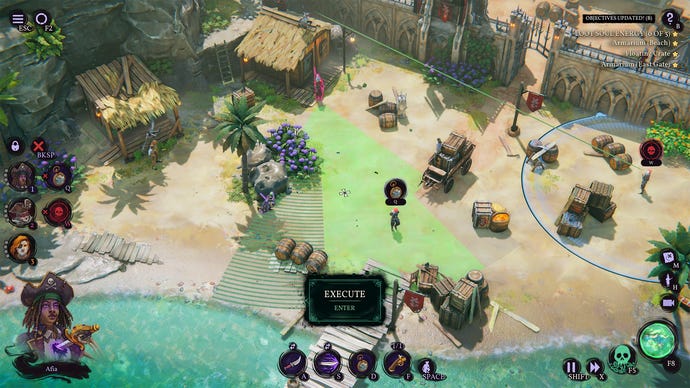 A pirate plans an attack on a beach in Shadow Gambit: The Cursed Crew