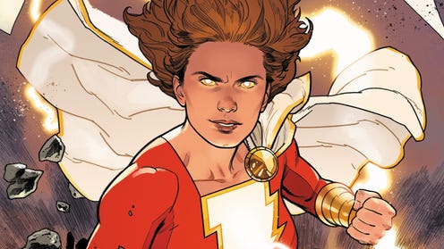 Cropped image of Mary Marvel surrounded by lightning in a fight pose
