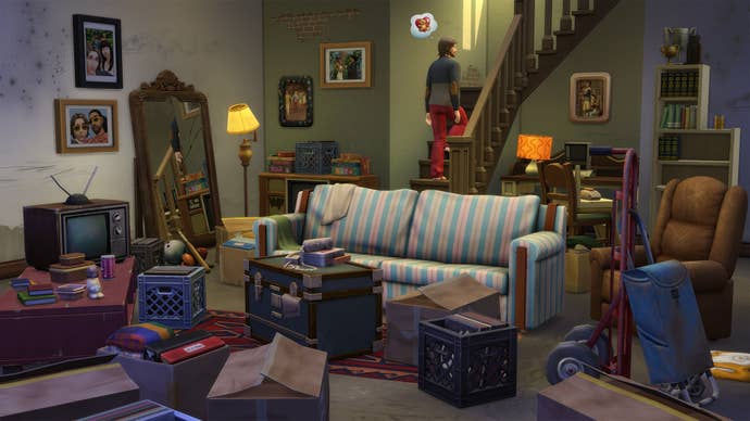 Artwork from The Sims 4 Basement Treasures kit, showing a basement full of junk and antiques