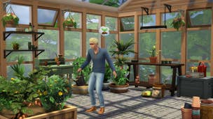 Artwork from The Sims 4 Greenhouse Haven kit, showing a Sim inside a greenhouse full of plants
