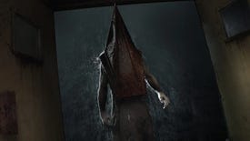 Pyramid Head looms in the rain in the Silent Hill 2 remake.