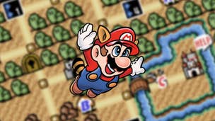 Tanooki Mario flies over World 1 (pixel form) from Super Mario Bros. 3