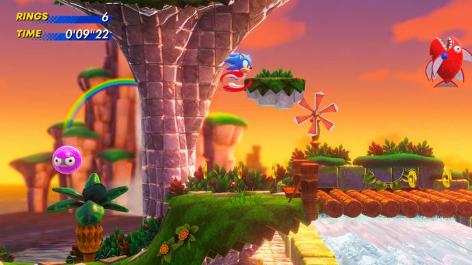 Sonic corriendo por Bridge Zone al atardecer con una iluminación magnífica