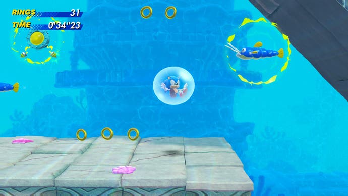 Sonic flotando en una burbuja en el nivel submarino en Sonic Superstars