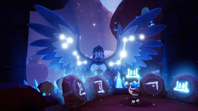 A young boy plays a flute in a cave with a large winged monster inside it in Song Of Nunu: A League Of Legends Story