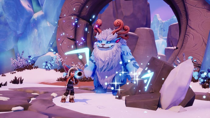 A boy plays a flute next to a large blue yeti in Song Of Nunu: A League Of Legends Story