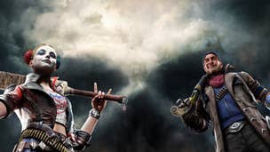 Harley Quinn and Captain Boomerang stand in front of a skull-shaped cloud