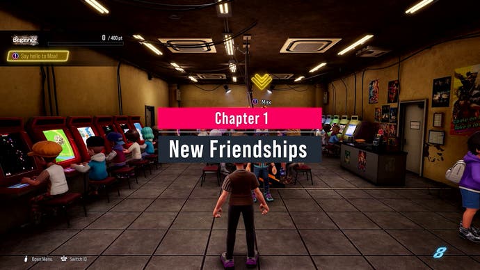 اسکرین شات Tekken 8 که یک پنجره بازشو فصل 1: دوستان جدید را نشان می‌دهد که روی شخصیت بازیکن ایستاده در اتاقی پر از ماشین‌های آرکید قرار گرفته است.