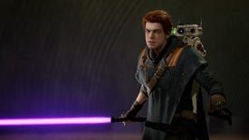 Cal Kestis from Star Wars Jedi Fallen Order holds his lightsaber ready to fight