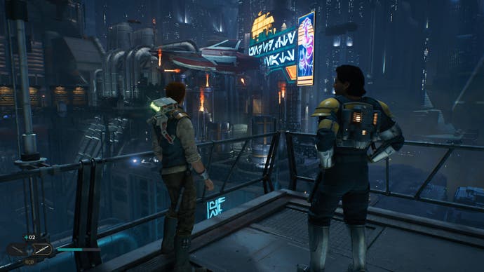 Recensione di Star Wars Jedi Survivor - schermata che mostra Cal e il nuovo amico Bode affacciati sul grigio e sul neon di Coruscant di notte