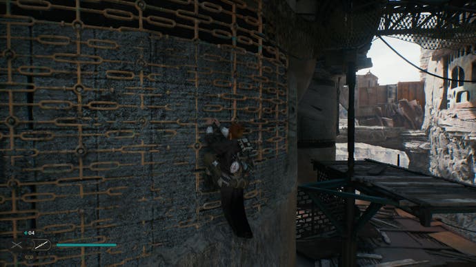 Recensione di Star Wars Jedi Survivor - screenshot che mostra Cal che si arrampica lateralmente lungo alcune grate