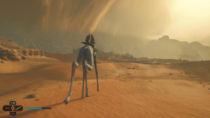 Recensione di Star Wars Jedi Survivor - screenshot che mostra Cal e Merrin in sella a uno strano cane-cavallo allampanato attraverso il deserto davanti a una tempesta di sabbia su Jedha