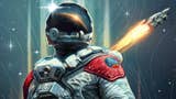 starfield key art showing a spacesuited person standing in front of a sky with a rocket in it
