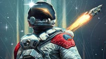 starfield key art showing a spacesuited person standing in front of a sky with a rocket in it