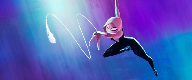 Still image featuring Ghost Spider swinging through air against a blue and purple background