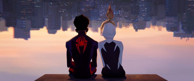 Still animated image featuring Miles Morales and Gwen Stacy sitting upside down looking at the New York City skyline