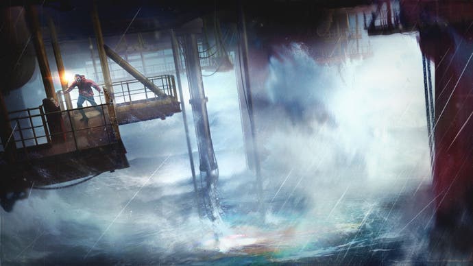 Still Wakes The Deep artwork of storm waves crashing underneath an oil rig, a lone figure standing on a metal gantry.