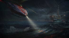 Still Wakes The Deep artwork of a helicopter flying towards the oil rig at night, its search beam shining on the dark waves.