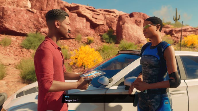 The player character and a mercenary leader discuss a mission in a Saints Row cutscene.