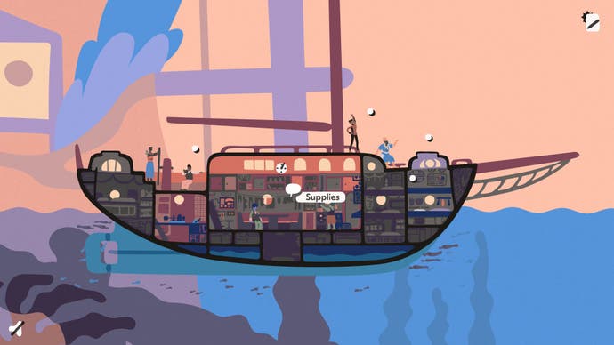 Saltsea Chronicles - مقطعی از یک کشتی بادبانی اتاق های زیادی را در داخل کشتی نشان می دهد.  انتخاب شده می خواند 