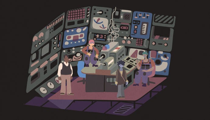 Several people gather in a radio room in Saltsea Chronicles