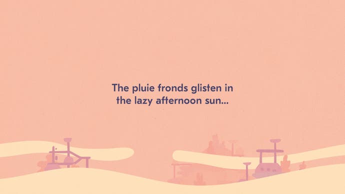 A title card from Saltsea Chronicles. Against a dreamy sky the text reads: The Pluie fronds glisten in the lazy afternoon sun...