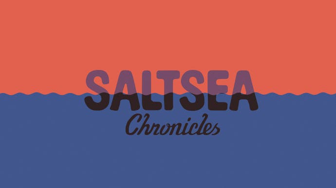 A title card for Saltsea Chronicles showing the game's name bisected by rippled water
