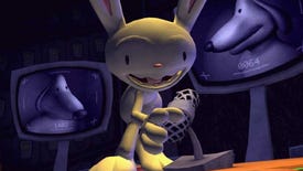 A screenshot from Sam & Max: The Devil's Playhouse showing Max looking surprised in front of monitors displaying Sam's head