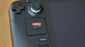 A SanDisk Extreme Pro microSD card on top of a Steam Deck.
