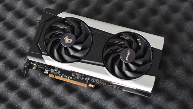 The Sapphire Nitro+ Radeon RX 6650 XT graphics card, cooler-side up.