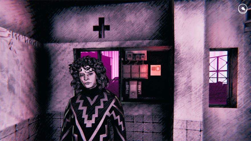 A woman stands under a cross and looks sad in a screenshot from Saturnalia