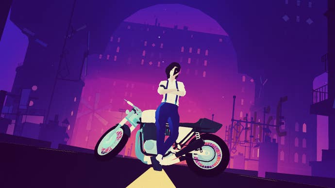 En karakter står foran en motorcykel i Sayonara Wild Hearts