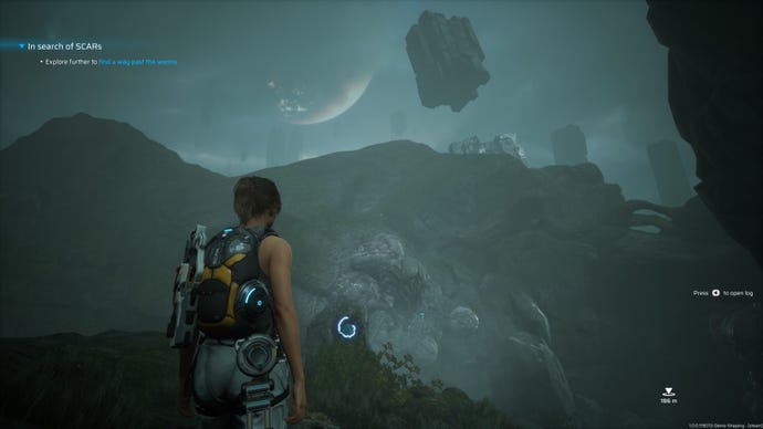 A woman stands in front of a mysterious, alien landscape with monoliths hanging in the sky in Scars Above