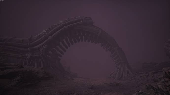 The player faces an archway that resembles a spine in Act 2 of Scorn