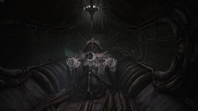 The player looks at where three valves once were powering a mechanical vent, somehow, in Act 2 of Scorn
