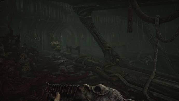 The player faces a monster, who sits in front of the exit for Act 3, in Scorn