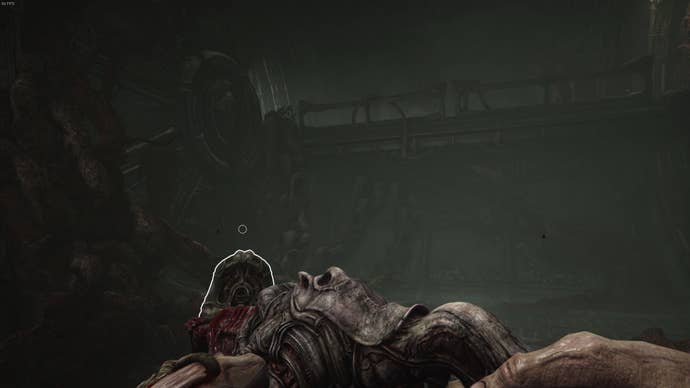 The player is in a room with a weapon-activated pillar, looking up at the new route they just cleared after moving a vent in Act 3 of Scorn