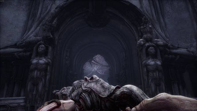 The player looks at an alien meat palace in Act 4 of Scorn