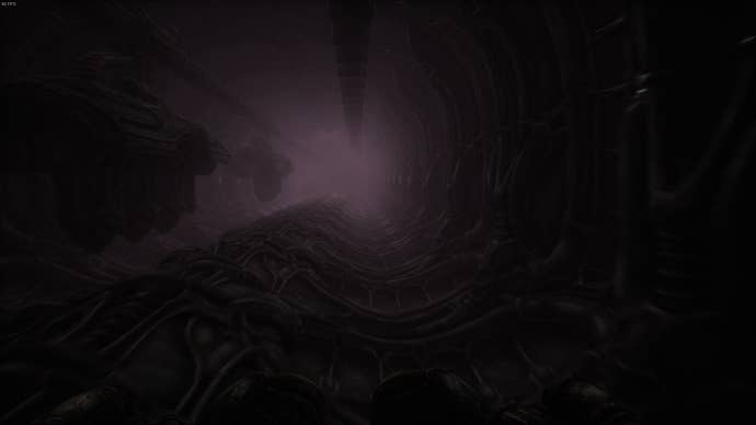 The player embarks on an alien train in Act 4 of Scorn