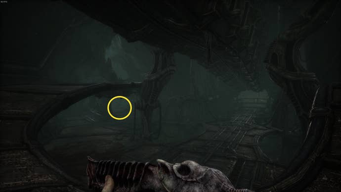 The player looks toward a specific route in Act 4 of Scorn