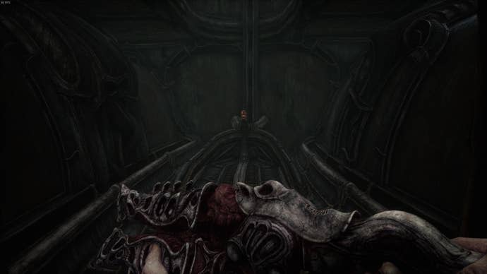 The player steps into an elevator in Act 4 of Scorn