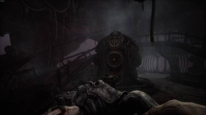 The player faces the pillars with the maze puzzles in Act 4 of Scorn