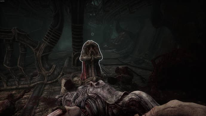 The player faces a pillar that can be activated with their melee weapon in Act 4 of Scorn